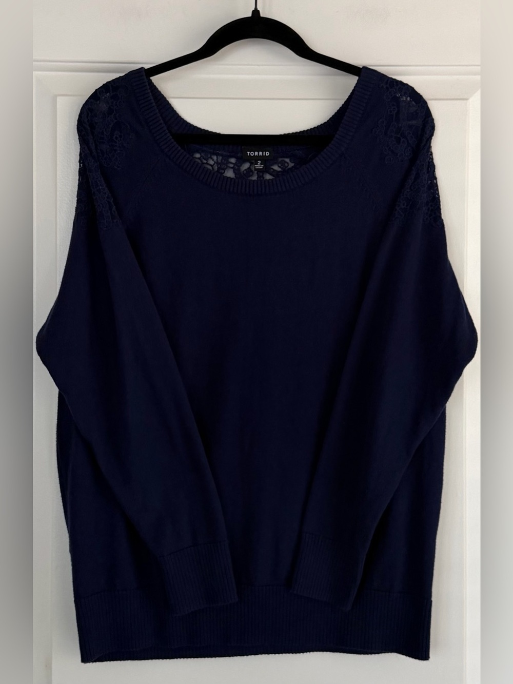 torrid Navy Lace-Shoulder Crew Neck Sweater-100% Cotton